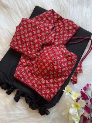 Plain Khadi Saree With Red Blouse