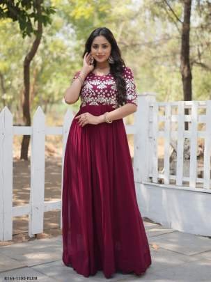 Plum Readymade Designer Embroidery Zari Work Gown