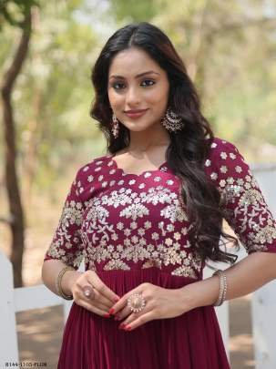 Plum Readymade Designer Embroidery Zari Work Gown