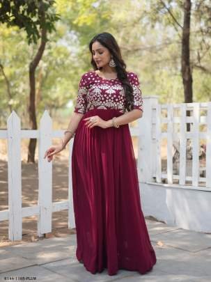 Plum Readymade Designer Embroidery Zari Work Gown