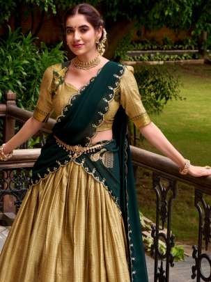 Poly Cotton Cream Color Haif Lehenga Saree