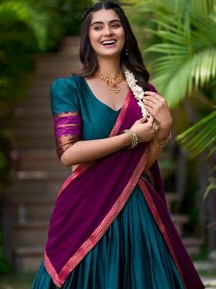 Poly Cotton Fabric Teal Green Color Half Lehenga Saree