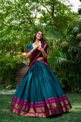 Poly Cotton Fabric Teal Green Color Half Lehenga Saree