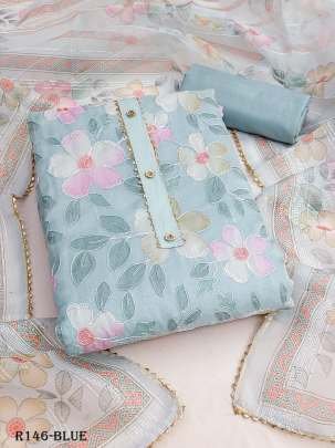 Blue Position Printed Organza Dress Material
