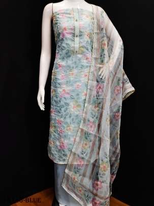 Blue Position Printed Organza Dress Material