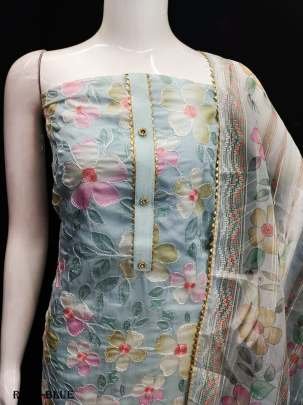 Blue Position Printed Organza Dress Material
