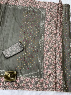 Pragya Dark Gray Tusser cotton sarees with designer katha work