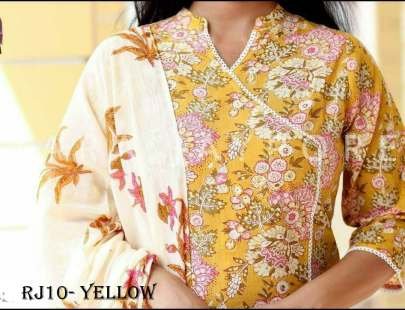 Premium Cotton Angrakha Pattern Yellow Ready Made Dress