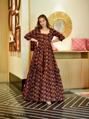 Premium Cotton Silk Orange and Black Long Gown