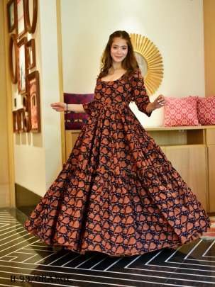 Premium Cotton Silk Orange and Black Long Gown