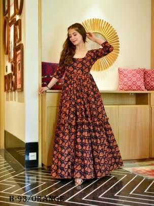 Premium Cotton Silk Orange and Black Long Gown