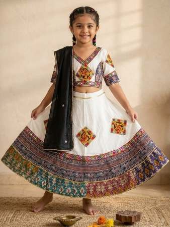 Premium  Cotton  White Colour Kids Navrtari Lehenga