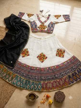 Premium  Cotton  White Colour Kids Navrtari Lehenga