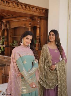 Premium Designer  Georgette Pink Color Kurti Palazzo Dupatta Collections