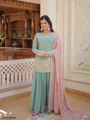 Premium Designer  Georgette Pista Color Kurti Palazzo  Dupatta Collections