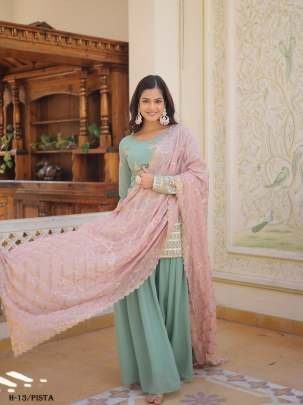 Premium Designer  Georgette Pista Color Kurti Palazzo  Dupatta Collections