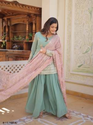 Premium Designer  Georgette Pista Color Kurti Palazzo  Dupatta Collections