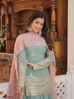 Premium Designer  Georgette Pista Color Kurti Palazzo  Dupatta Collections