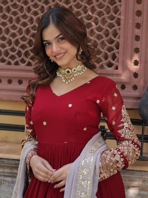 Premium Designer Faux Blooming Readymade Red Gown