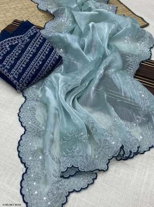 Premium Embroidered Work Sky Blue Saree