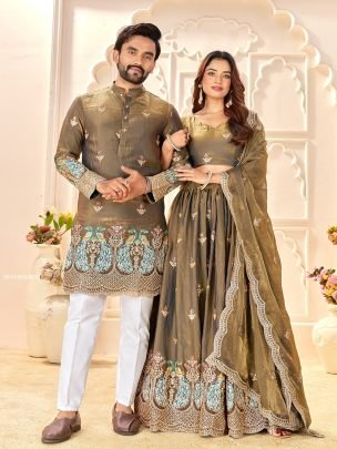 Premium Fendi Silk With Embroidered Lehenga And Kurta Couple Set For Wedding Wear 