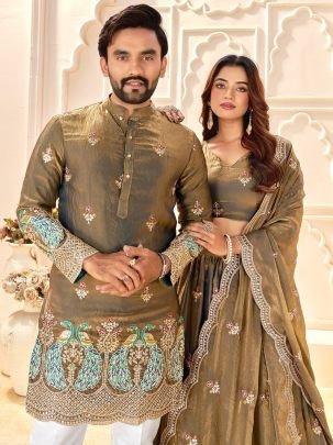 Premium Fendi Silk With Embroidered Lehenga And Kurta Couple Set For Wedding Wear