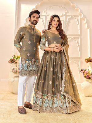 Premium Fendi Silk With Embroidered Lehenga And Kurta Couple Set For Wedding Wear
