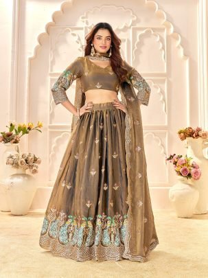 Premium Fendi Silk With Embroidered Lehenga And Kurta Couple Set For Wedding Wear