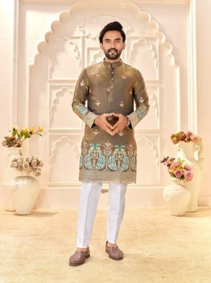Premium Fendi Silk With Embroidered Lehenga And Kurta Couple Set For Wedding Wear