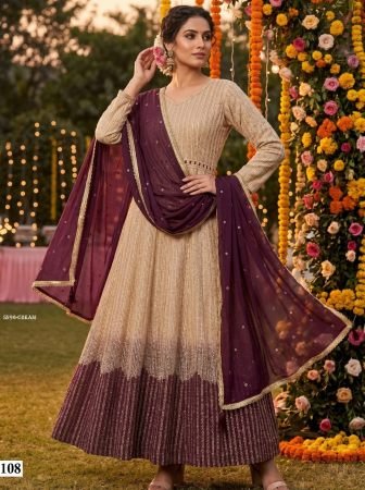 Premium Georgette Chikankari Anarkali Dress in Beige And Wine With Dupatta