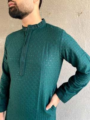 Premium Heavy Rayon Chikan Work Green Kurta Pyjama
