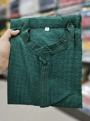 Premium Heavy Rayon Chikan Work Green Kurta Pyjama