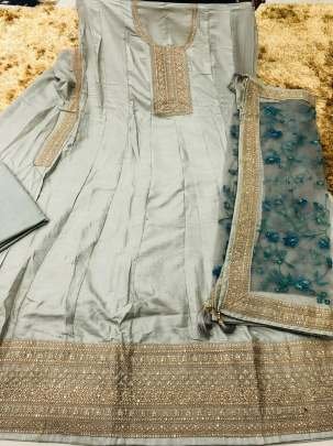 Premium Long Dola Silk Anarkali Grey Salwar Suit