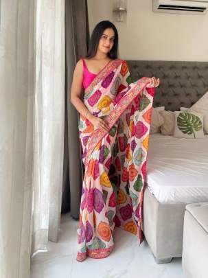 Premium Multicolour Georgette Saree With Pink Blouse