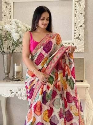 Premium Multicolour Georgette Saree With Pink Blouse