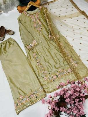 Premium New Launch Multi Work Chinon Silk Kurtis Palazo Set