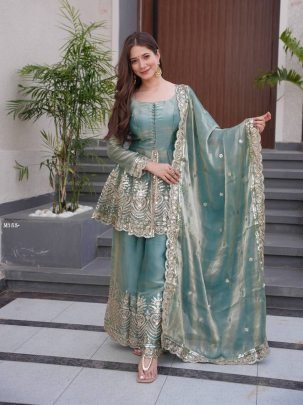 Premium Pastel Green Festive Peplum Sharara Set with Dupatta