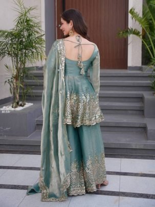 Premium Pastel Green Festive Peplum Sharara Set with Dupatta
