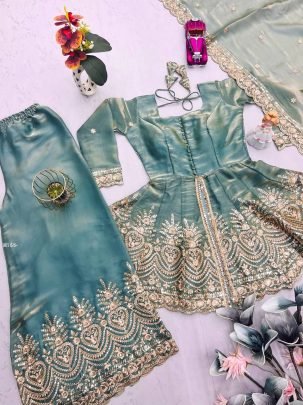 Premium Pastel Green Festive Peplum Sharara Set with Dupatta