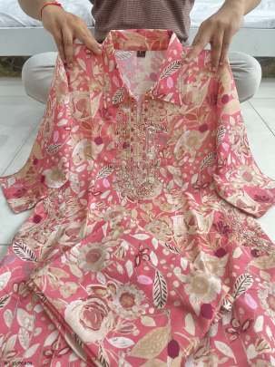 Premium Peach Mirror Hand Work Heavy Muslin Suit Set