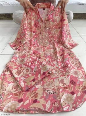 Premium Peach Mirror Hand Work Heavy Muslin Suit Set