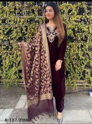 Premium Pink Viscous Velvet Suit Pant Set With Embroidery  Work