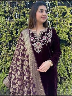 Premium Pink Viscous Velvet Suit Pant Set With Embroidery  Work