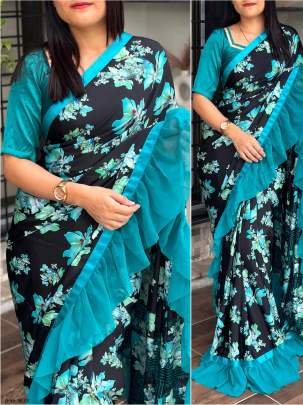 Premium Quality Japan Satin Blue Silk Ruffle Saree