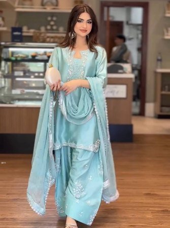 Premium Roman Silk Embroidered Kurta Set with Farsi Palazzo And Organza Dupatta for Women