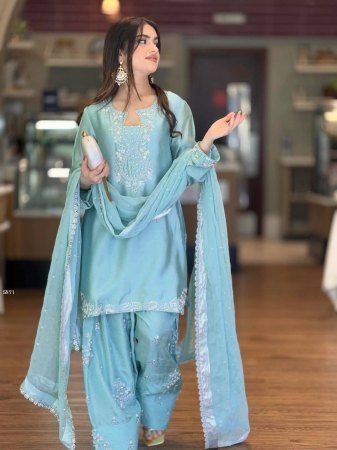 Premium Roman Silk Embroidered Kurta Set with Farsi Palazzo And Organza Dupatta for Women