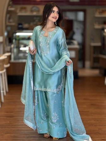 Premium Roman Silk Embroidered Kurta Set with Farsi Palazzo And Organza Dupatta for Women