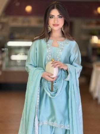 Premium Roman Silk Embroidered Kurta Set with Farsi Palazzo And Organza Dupatta for Women