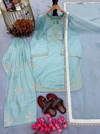 Premium Roman Silk Embroidered Kurta Set with Farsi Palazzo And Organza Dupatta for Women