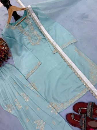 Premium Roman Silk Embroidered Kurta Set with Farsi Palazzo And Organza Dupatta for Women